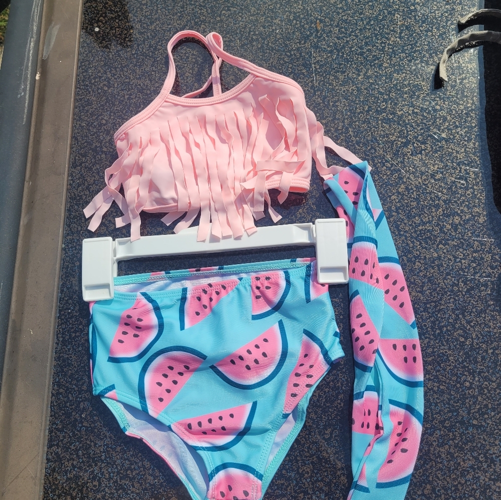 New! Girls 12-18 month pink watermelon fringe two piece bikini bathing suit